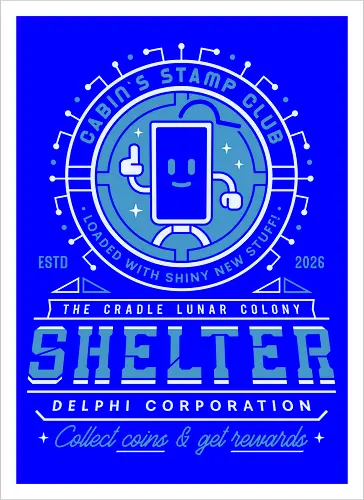 Cabin Coins Stamp Club Emblem - pragmata, diana, hugh, cabin coins, stamp, robot, space, gaming, gamer, video game, lunar, moon, astronaut, science fiction - Kunstdruck