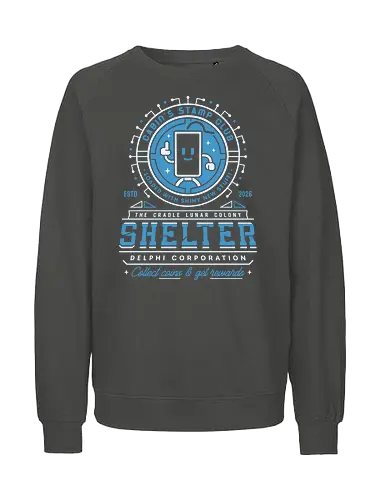 Cabin Coins Stamp Club Emblem - pragmata, diana, hugh, cabin coins, stamp, robot, space, gaming, gamer, video game, lunar, moon, astronaut, science fiction - Fairtrade Sweatshirt