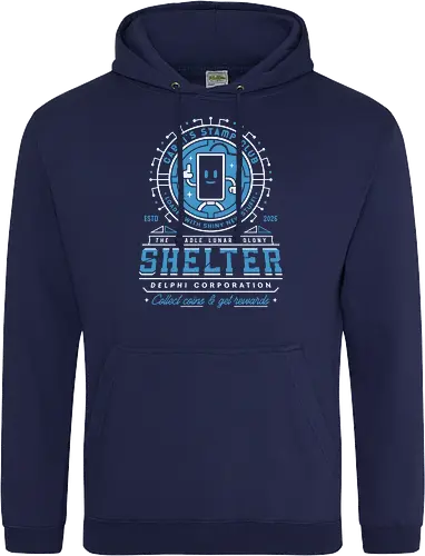 Cabin Coins Stamp Club Emblem - pragmata, diana, hugh, cabin coins, stamp, robot, space, gaming, gamer, video game, lunar, moon, astronaut, science fiction - Standard Hoodie