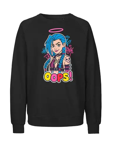 Gaming Oops! Chaos Queen - Gaming, Arcane, Gaming, Jinx Arcane, chaos queen, gaming streetwear, punk anime aesthetic, Zaun, explosive anime art, Jinx fan art - Fairtrade Sweatshirt