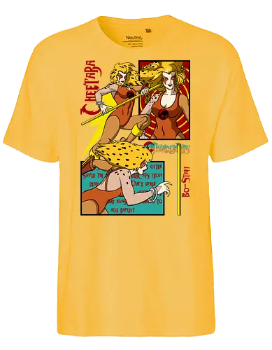 Cheetara – Dual Action Pose - cheetara, thunder cats, action pose, female hero, retro animation, 80s cartoon, warrior style, dynamic design - Fairtrade T-Shirt