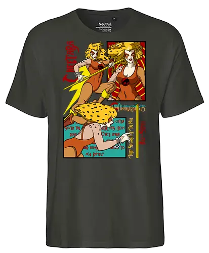 Cheetara – Dual Action Pose - cheetara, thunder cats, action pose, female hero, retro animation, 80s cartoon, warrior style, dynamic design - Fairtrade T-Shirt