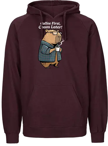 Coffee First Chaos Later - coffee, animal, break, caffeine, caffeine addict, capybara, chaos, coffee lover, cup of coffee, espresso, first coffee, funny capybara, i love coffee, latte, morning - Fairtrade Hoodie