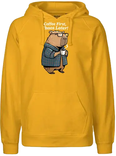 Coffee First Chaos Later - coffee, animal, break, caffeine, caffeine addict, capybara, chaos, coffee lover, cup of coffee, espresso, first coffee, funny capybara, i love coffee, latte, morning - Fairtrade Hoodie