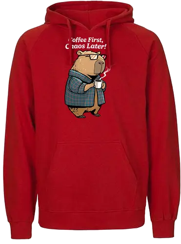 Coffee First Chaos Later - coffee, animal, break, caffeine, caffeine addict, capybara, chaos, coffee lover, cup of coffee, espresso, first coffee, funny capybara, i love coffee, latte, morning - Fairtrade Hoodie