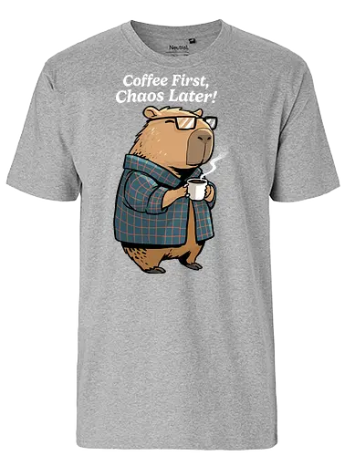 Coffee First Chaos Later - coffee, animal, break, caffeine, caffeine addict, capybara, chaos, coffee lover, cup of coffee, espresso, first coffee, funny capybara, i love coffee, latte, morning - Fairtrade T-Shirt