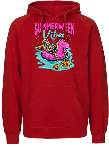 Summerween Vibes - summerween, beach, halloween, holiday, hot ghoul summer, skeleton, spooky, spooky season, summer, summer of love, summer vibes, summertime, summerween skeleton, unicorn, vacation - Fairtrade Hoodie