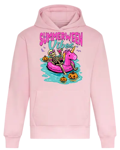 Summerween Vibes - summerween, beach, halloween, holiday, hot ghoul summer, skeleton, spooky, spooky season, summer, summer of love, summer vibes, summertime, summerween skeleton, unicorn, vacation - Heavyweight Hoodie