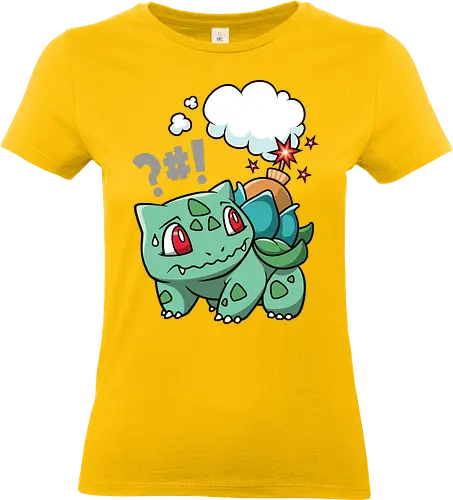 BOOOOMBASAUR - Bulbasaur Kunst, Pokémon Kanto, Starter Pokémon, Pflanze Gift Typ, Geek Kleidung, wütender Bulbasaur, Kawaii Kultur, Nerd Humor, Pokémon 001, süßer Streetwear, Geek Geschenk, Ivysaur Venusaur, Pokémon Nostalgie, minimalistischer Cartoon, Bulbasaur Chibi - Standard T-Shirt (Frauen)