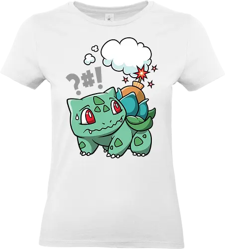 BOOOOMBASAUR - Bulbasaur Kunst, Pokémon Kanto, Starter Pokémon, Pflanze Gift Typ, Geek Kleidung, wütender Bulbasaur, Kawaii Kultur, Nerd Humor, Pokémon 001, süßer Streetwear, Geek Geschenk, Ivysaur Venusaur, Pokémon Nostalgie, minimalistischer Cartoon, Bulbasaur Chibi - Standard T-Shirt (Frauen)