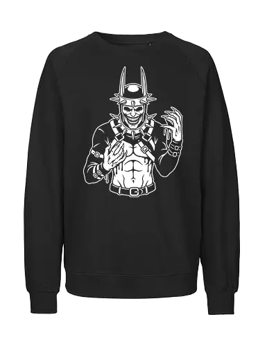 Dark Knight: Spiked Nightmare - Dark Knight, spiked bat hero, gothic comic book art, twisted hero illustration, heavy metal aesthetic, horror superhero design, gritty comic art, mad hero graphic tee, evil bat mask, monochrome dark streetwear - Fairtrade Sweatshirt