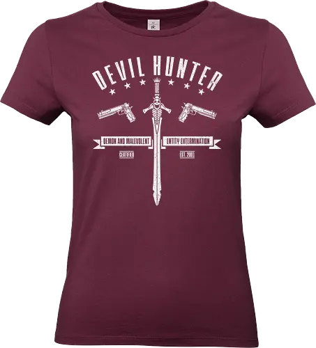 Zertifizierter Dämonenjäger - Vintage Abzeichen - Dämonenjäger, Vintage Abzeichen, Schädelschwert, Doppelpistolen, Gamer Kultur, Nerd Kunst, Dämonenbekämpfung, Retro Badge, Geek Print, Popkultur, Gamer Geschenk, Action Spiel, Hack and Slash, Vintage Design, legendäres Schwert - Standard T-Shirt (Frauen)