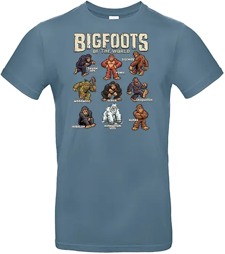 Bigfoots of the World - bigfoot, almas, big foot, creature, cryptid, cryptozoology, hibagon, monster, sasquatch, sisemite, skunk ape, woodwose, yeren, yeti, yowie - Standard T-Shirt