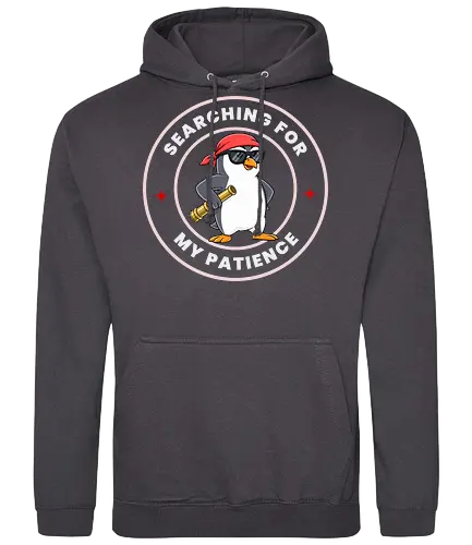 Searching For My Patience - penguin humor, patience joke, funny animal, sarcastic shirt, cartoon penguin, cute meme, attitude design - Standard Hoodie