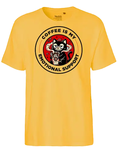 Coffee Is My Emotional Support - offee addict, caffeine humor, emotional support coffee, cat lover, funny coffee shirt, cute cafe art, espresso lover - Fairtrade T-Shirt