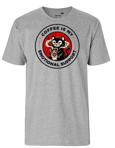 Coffee Is My Emotional Support - offee addict, caffeine humor, emotional support coffee, cat lover, funny coffee shirt, cute cafe art, espresso lover - Fairtrade T-Shirt