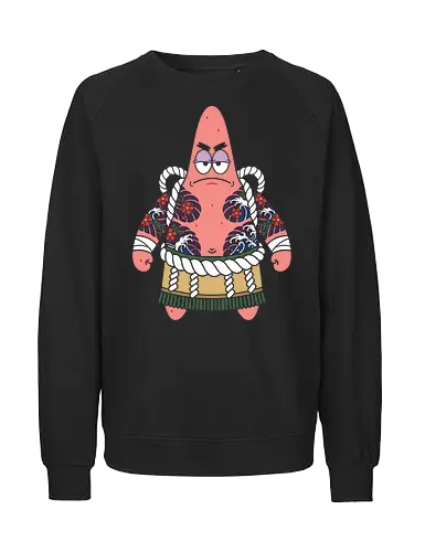 The Irezumi Boss - yakuza starfish shirt, funny cartoon parody tee, irezumi tattoo apparel, meme graphic streetwear, tough pink starfish, japanese gangster cartoon, pop culture mashup clothing, sumo starfish design, retro cartoon yakuza, cherry blossom tattoo shirt - Fairtrade Sweatshirt