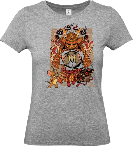 The Ultimate Cat & Mouse Rivalry - samurai cartoon mashup, Japanese cat and mouse tee, funny animation parody, retro 90s cartoon streetwear, samurai armor graphic, nostalgic cartoon merch, traditional Japanese pop art, funny pop culture clothing, classic rivalry apparel - Standard T-Shirt (Frauen)
