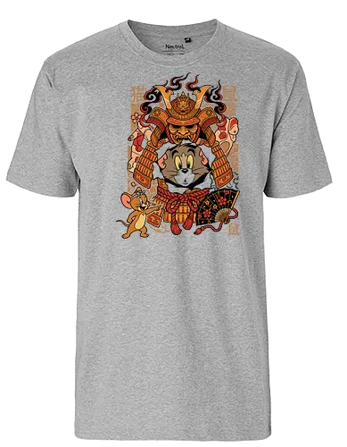 The Ultimate Cat & Mouse Rivalry - samurai cartoon mashup, Japanese cat and mouse tee, funny animation parody, retro 90s cartoon streetwear, samurai armor graphic, nostalgic cartoon merch, traditional Japanese pop art, funny pop culture clothing, classic rivalry apparel - Fairtrade T-Shirt