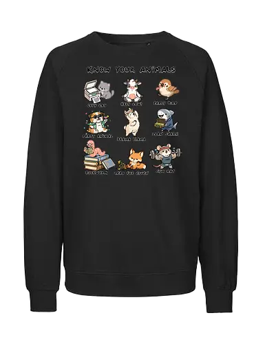 Know Your Animals - animals, animals of the world, bookworm, copy cat, drama llama, early bird, funny, gym rat, holy cow, idiom, joke, loan shark, party animal, sarcastic, zero fox given - Fairtrade Sweatshirt