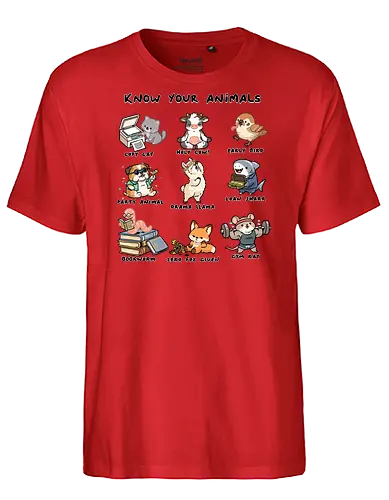 Know Your Animals - animals, animals of the world, bookworm, copy cat, drama llama, early bird, funny, gym rat, holy cow, idiom, joke, loan shark, party animal, sarcastic, zero fox given - Fairtrade T-Shirt