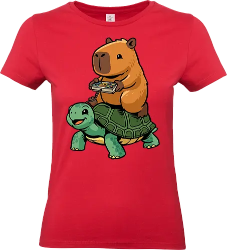 Capybara and Turtle - capybara, animals, cappy, capy, controller, funny, game, gamer, gaming, retro, riding, rodent, tortoise, turtle, video game - Standard T-Shirt (Frauen)