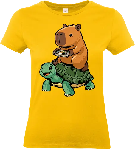 Capybara and Turtle - capybara, animals, cappy, capy, controller, funny, game, gamer, gaming, retro, riding, rodent, tortoise, turtle, video game - Standard T-Shirt (Frauen)
