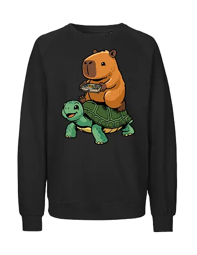 Capybara and Turtle - capybara, animals, cappy, capy, controller, funny, game, gamer, gaming, retro, riding, rodent, tortoise, turtle, video game - Fairtrade Sweatshirt