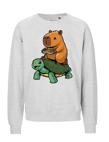 Capybara and Turtle - capybara, animals, cappy, capy, controller, funny, game, gamer, gaming, retro, riding, rodent, tortoise, turtle, video game - Fairtrade Sweatshirt