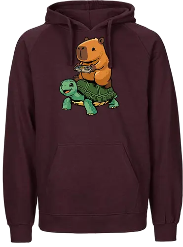 Capybara and Turtle - capybara, animals, cappy, capy, controller, funny, game, gamer, gaming, retro, riding, rodent, tortoise, turtle, video game - Fairtrade Hoodie