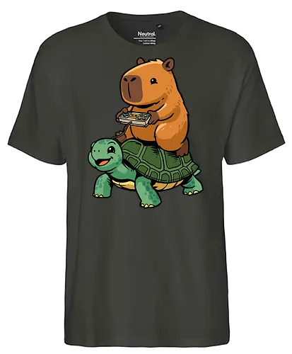 Capybara and Turtle - capybara, animals, cappy, capy, controller, funny, game, gamer, gaming, retro, riding, rodent, tortoise, turtle, video game - Fairtrade T-Shirt