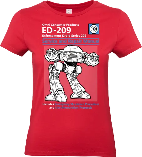 ED-209 - Handbuch des gnadenlosen Droiden - ED-209 T-Shirt, RoboCop, Geek-Kultur, teetan, Sci-Fi-Fans, Nerd-Mode, Geek-Geschenk, ikonischer Roboter, Popkultur-Mode, ED-209 Design, RoboCop-Tribut, Sci-Fi-Nostalgie, Klassiker-Kino, RoboCop-Merch, futuristischer Stil - Standard T-Shirt (Frauen)