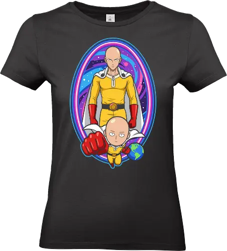 Cosmic Punch: The Two Faces of a Hero - One Punch Man shirt, Saitama merch, anime graphic tee, chibi anime apparel, vaporwave anime clothing, retro space galaxy design, funny otaku streetwear, caped baldy graphic, serious punch shirt, neon anime aesthetic - Standard T-Shirt (Frauen)