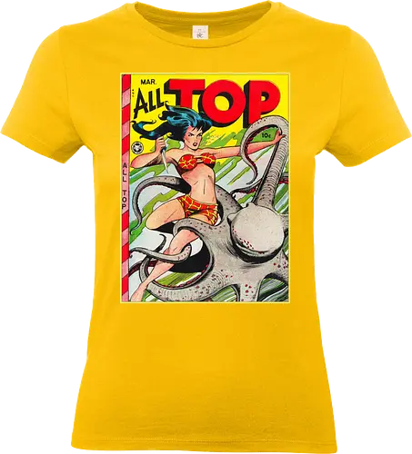Vintage Pin-Up Kriegerin Oktopus Retro 1940er Comic - vintage comic shirt, retro pin-up tee, All Top Comics, golden age art apparel, pulp fiction shirt, 1940s retro tee, vintage warrior shirt, comic cover art tee, retro pop art apparel, pin-up style shirt, pulp art clothing, vintage illustration tee, retro comic art shirt, old school comic apparel, vintage geek shirt, Golden Age Comics, retro warrior art tee - Standard T-Shirt (Frauen)