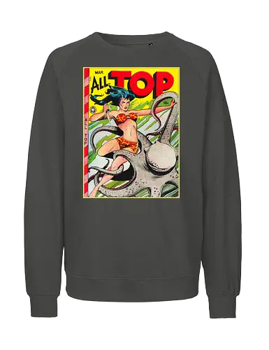Vintage Pin-Up Kriegerin Oktopus Retro 1940er Comic - vintage comic shirt, retro pin-up tee, All Top Comics, golden age art apparel, pulp fiction shirt, 1940s retro tee, vintage warrior shirt, comic cover art tee, retro pop art apparel, pin-up style shirt, pulp art clothing, vintage illustration tee, retro comic art shirt, old school comic apparel, vintage geek shirt, Golden Age Comics, retro warrior art tee - Fairtrade Sweatshirt