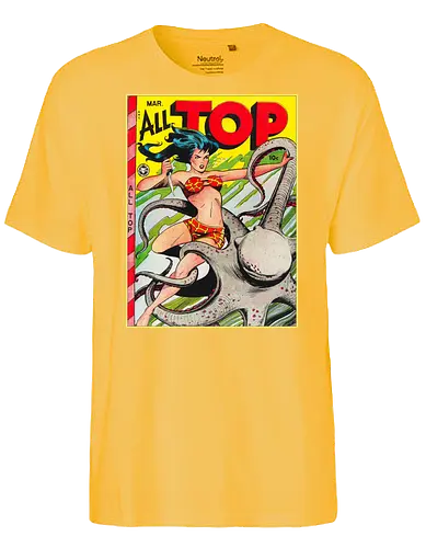 Vintage Pin-Up Kriegerin Oktopus Retro 1940er Comic - vintage comic shirt, retro pin-up tee, All Top Comics, golden age art apparel, pulp fiction shirt, 1940s retro tee, vintage warrior shirt, comic cover art tee, retro pop art apparel, pin-up style shirt, pulp art clothing, vintage illustration tee, retro comic art shirt, old school comic apparel, vintage geek shirt, Golden Age Comics, retro warrior art tee - Fairtrade T-Shirt