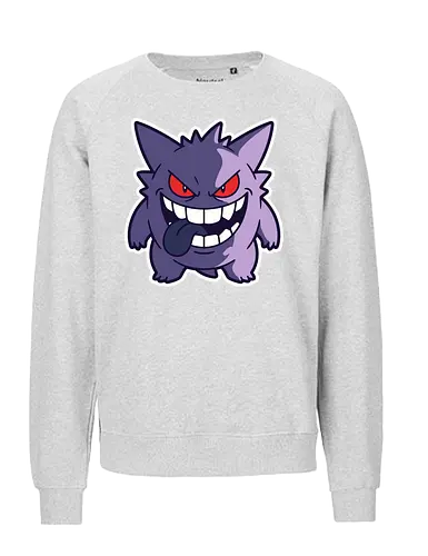 Sinister Shadow - Gengar shirt, ghost type monster merch, creepy anime graphic, edgy gamer streetwear, spooky pocket monster, purple phantom tee, retro gaming apparel, sinister grin design, Halloween gamer clothing, nostalgic anime streetwear - Fairtrade Sweatshirt