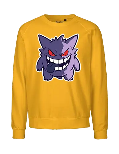 Sinister Shadow - Gengar shirt, ghost type monster merch, creepy anime graphic, edgy gamer streetwear, spooky pocket monster, purple phantom tee, retro gaming apparel, sinister grin design, Halloween gamer clothing, nostalgic anime streetwear - Fairtrade Sweatshirt