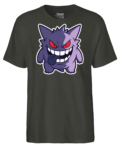 Sinister Shadow - Gengar shirt, ghost type monster merch, creepy anime graphic, edgy gamer streetwear, spooky pocket monster, purple phantom tee, retro gaming apparel, sinister grin design, Halloween gamer clothing, nostalgic anime streetwear - Fairtrade T-Shirt