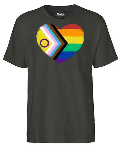 Progress Pride Flag Heart - progress pride flag, gay pride flag, pride, flag, heart, LGBTQ, lgbt, gay, queer, fluid, gender, love, rainbow, symbol, xmorfina - Fairtrade T-Shirt