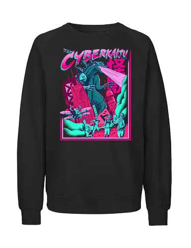 Retro Japanese Cyber Monster - retro monster, japanese monster, cyber monster, cyberpunk, synthwave, vaporwave, neon art, giant monster, arcade style, dystopia, tokyo vibes, creature art, futuristic, 80s aesthetic, retro scifi, neon monster - Fairtrade Sweatshirt