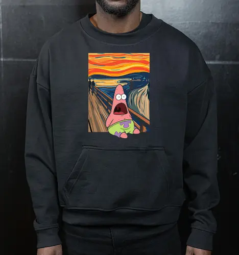 The Starfish Scream: Masterpiece Parody - Patrick Star shirt, The Scream parody tee, funny art mashup, meme graphic streetwear, Edvard Munch crossover, cartoon masterpiece apparel, nostalgic animation clothing, pop culture art shirt, screaming starfish design, art history meme merch - Cropped Sweatshirt