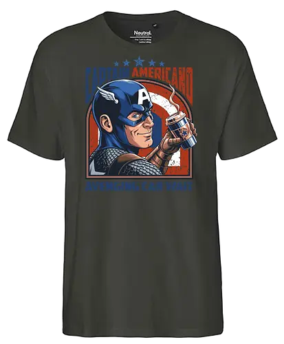 Kapitän Americano - Captain Americano, Superheldenparodie, Kaffeeliebhaber, lustiger Kaffee, Rache kann warten, Comic-Humor, Koffeinsüchtiger, lustiger Superheld, Kaffeewortspiel, Superheldenkaffee, Morgenkaffee, nerdiger Kaffee, Barista-Humor, Comicfan, patriotischer Superheld - Fairtrade T-Shirt