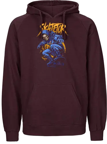 Skatetor – Skateboarding-Skeletor: Retro-Cartoon-Mashup - Skatetor, Skateboarding, Skateboarder, Retro-Cartoon, 80er-Jahre-Cartoon, Mashup, Vintage, Metallkunst, Totenkopf, Totenkopfkunst, Skateboard-Design, Skate-Art - Fairtrade Hoodie