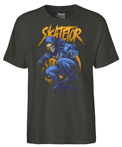 Skatetor – Skateboarding-Skeletor: Retro-Cartoon-Mashup - Skatetor, Skateboarding, Skateboarder, Retro-Cartoon, 80er-Jahre-Cartoon, Mashup, Vintage, Metallkunst, Totenkopf, Totenkopfkunst, Skateboard-Design, Skate-Art - Fairtrade T-Shirt
