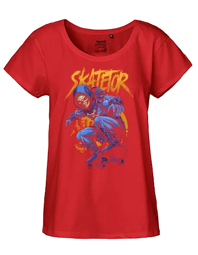 Skatetor – Skateboarding-Skeletor: Retro-Cartoon-Mashup - Skatetor, Skateboarding, Skateboarder, Retro-Cartoon, 80er-Jahre-Cartoon, Mashup, Vintage, Metallkunst, Totenkopf, Totenkopfkunst, Skateboard-Design, Skate-Art - Fairtrade Girl Shirt