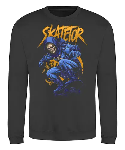 Skatetor – Skateboarding-Skeletor: Retro-Cartoon-Mashup - Skatetor, Skateboarding, Skateboarder, Retro-Cartoon, 80er-Jahre-Cartoon, Mashup, Vintage, Metallkunst, Totenkopf, Totenkopfkunst, Skateboard-Design, Skate-Art - Sweatshirt