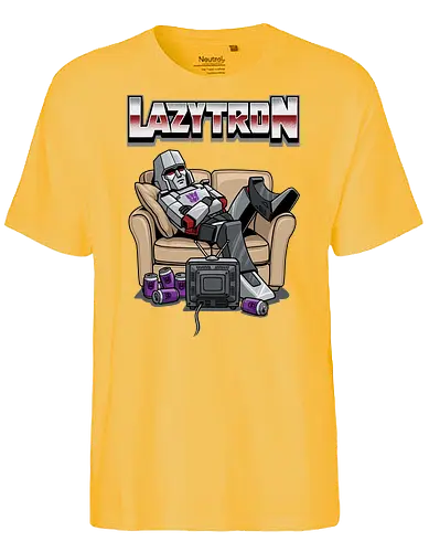 Lazytron: Megatron-Parodie – Lümmelnd auf der Couch - Decepticon, Parodie, faul, Lazytron, Couch-Potato, G1, 80er-Jahre-Cartoon, Retro, Cybertron, Energon, lustig, Roboter, Spielzeug-Parodie, Geek, Nerd, Decepticon-Shirt, Megatron-Kunst, lustiger Roboter, G1-Roboter-Parodie - Fairtrade T-Shirt