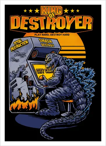 Kaiju-Monster beim Arcade-Videospiel – „City Crash“-Kunst