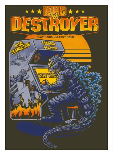 Kaiju-Monster beim Arcade-Videospiel – „City Crash“-Kunst